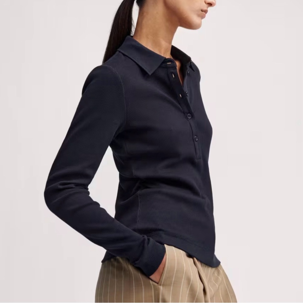 ME+EM Dark Blue Button Down Front Ribbed Polo - Picture 2 of 6